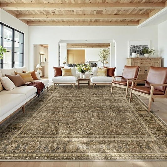 HelloTree Washable Rugs 8x10 Area Rug for Living Room, Vintage Boho Brown Rug Non Slip Carpet Retro Accent Indoor Mat Print Distressed Low Pile Throw Large Rug for Office Dining Room Bedside-Brown