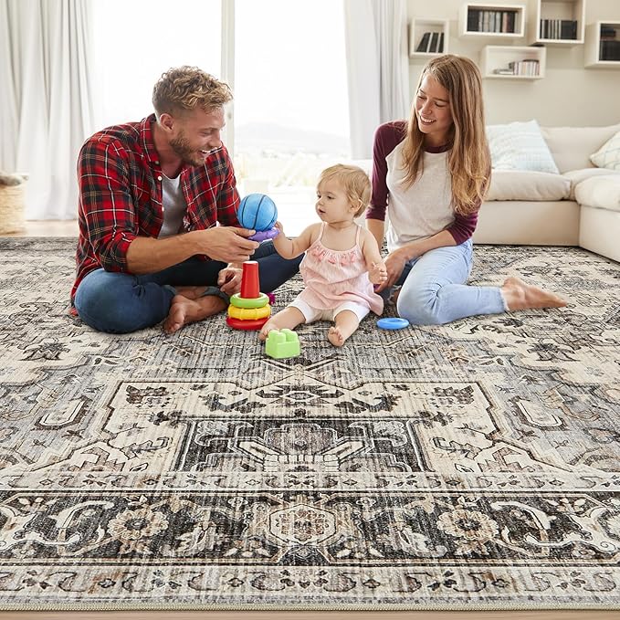 Area Rug for Living Room - 6x9 Soft Machine Washable Oriental Vintage Floral Distressed Large Indoor Floor Carpet for Bedroom Under Dining Table Home Office Decor - Brown