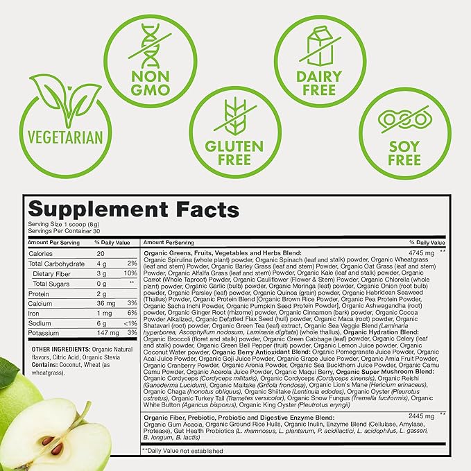 Zena Nutrition Organic Super Greens Powder, 70+ Superfoods, 0 Sugar, 3G Fiber, Spirulina, Chlorella, Antioxidants, Prebiotics/Probiotics, Digestive Enzymes, Green Apple, 30 Servings
