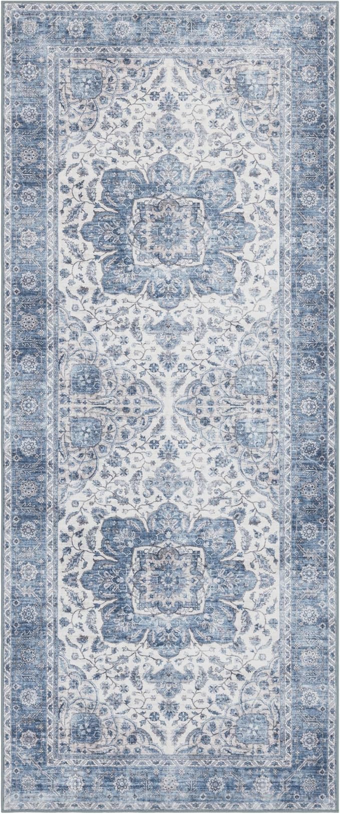 ReaLife Rugs Machine Washable Area Rug Runner - Living Room Bedroom Bathroom Kitchen Entryway Office - Padded Low Pile Stain Resistant Premium - Boho Farmhouse Vintage - Joy - Blue Ivory 2'6" x 6'