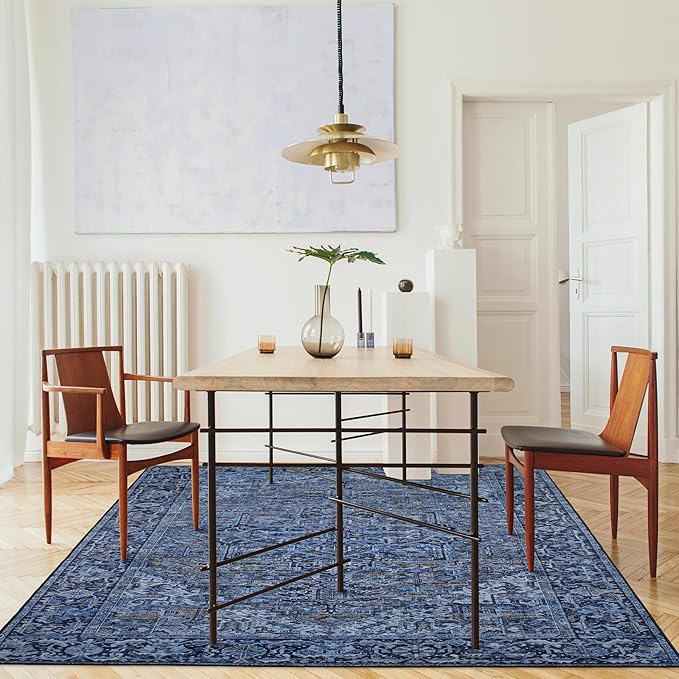 ReaLife Rugs Machine Washable Area Rug - Living Room Bedroom Bathroom Kitchen Entryway Office - Padded Low Pile Stain Resistant Premium - Boho Vintage Traditional - Lyle - Blue 5' x 7'
