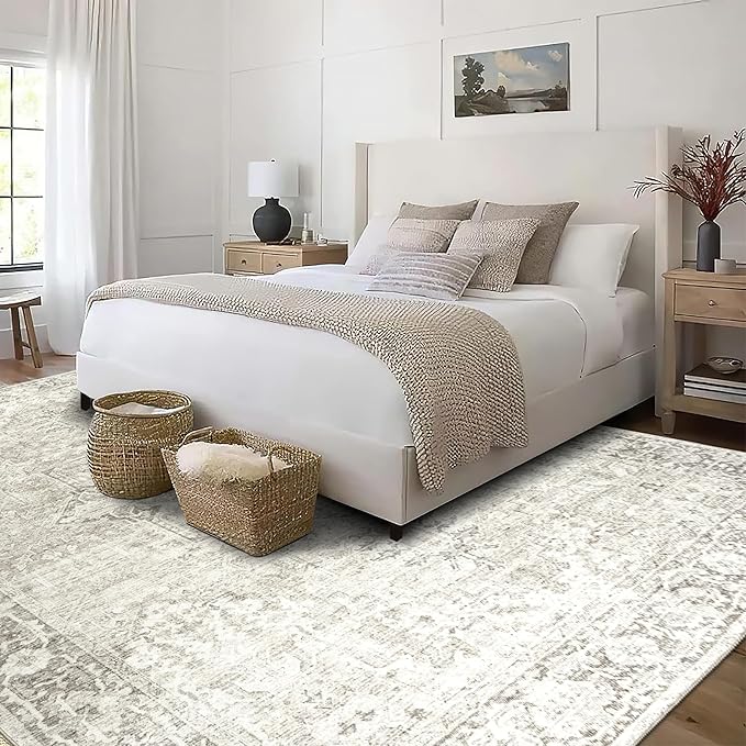ReaLife Rugs Machine Washable Area Rug - Living Room Bedroom Bathroom Kitchen Entryway Office - Padded Low Pile Stain Resistant Premium - Boho Farmhouse Vintage - Lyle - Beige Ivory 7'6" x 9'6"