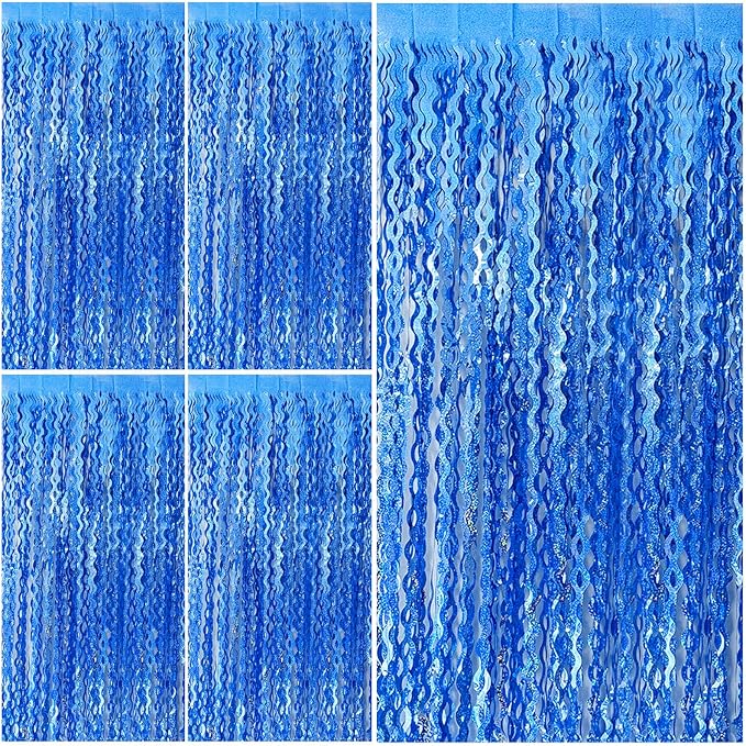 Blue Tinsel Foil Fringe Curtains Wavy Backdrop for Parties Sparkle Metallic Wavy Foil Fringe Backdrop Curtain for Party Decorations Photo Booth Props Birthday Graduation Wedding