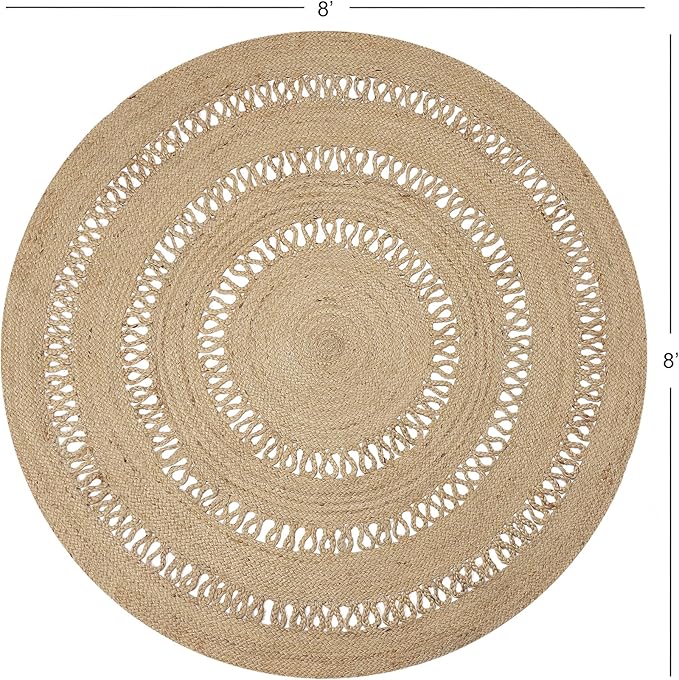 REDEARTH · Round Area Rug - 8 Feet Braided Scalloped Earthy Trails Jute Rug- Artisan Made Boho Jute Patterned Rugs for Bedroom, Kitchen, Living Room, Farmhouse, Aesthetic, Handmade Vintage Decor