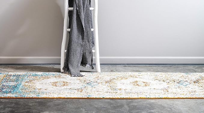 Unique Loom Rosso Collection Traditional, Vintage, Medallion, Border, Distressed, Southwestern Area Rug, 2 ft 7 in x 10 ft, Ivory/Blue