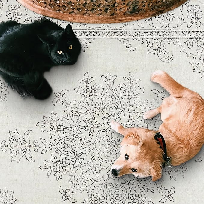 ReaLife Rugs Machine Washable Area Rug Runner - Living Room Bedroom Bathroom Kitchen Entryway Office - Padded Low Pile Stain Resistant Premium - Boho Farmhouse Vintage - Paige - Ivory 2'6" x 6'