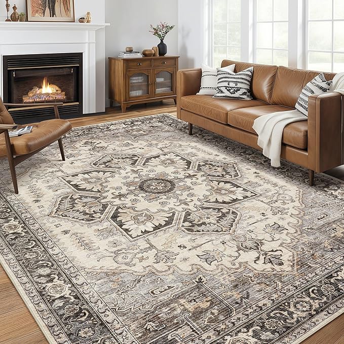 Area Rug for Living Room - 8x10 Soft Machine Washable Oriental Vintage Floral Distressed Large Indoor Floor Carpet for Bedroom Under Dining Table Home Office Decor - Grey Brown