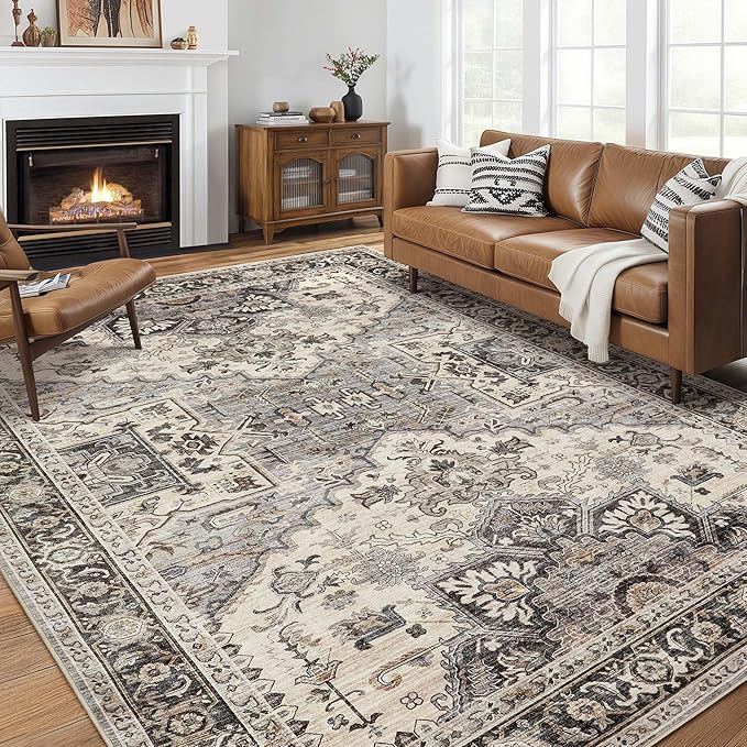 Area Rug for Living Room - 10x14 Soft Machine Washable Oriental Vintage Floral Distressed Large Indoor Floor Carpet for Bedroom Under Dining Table Home Office Decor - Brown