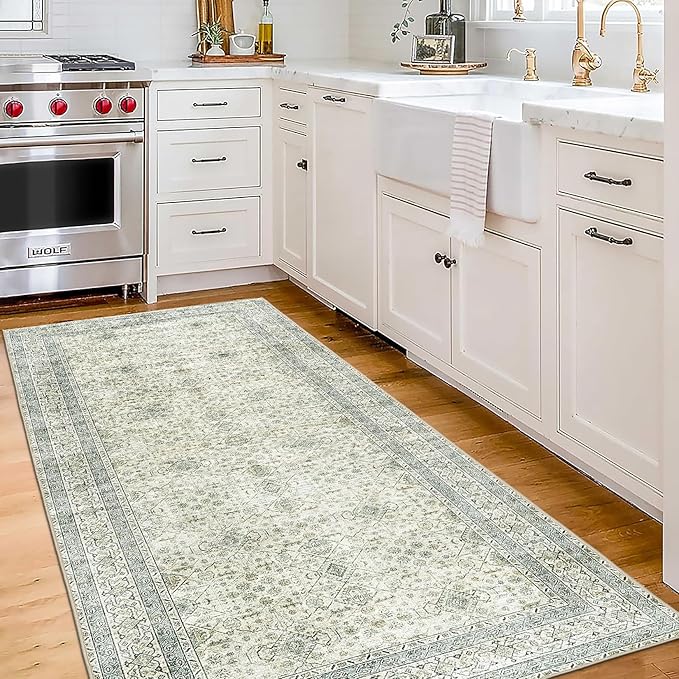 ReaLife Rugs Machine Washable Area Rug Runner - Living Room Bedroom Bathroom Kitchen Entryway Office - Padded Low Pile Stain Resistant Premium - Boho Farmhouse Vintage - BEV - Green 2'6" x 6'