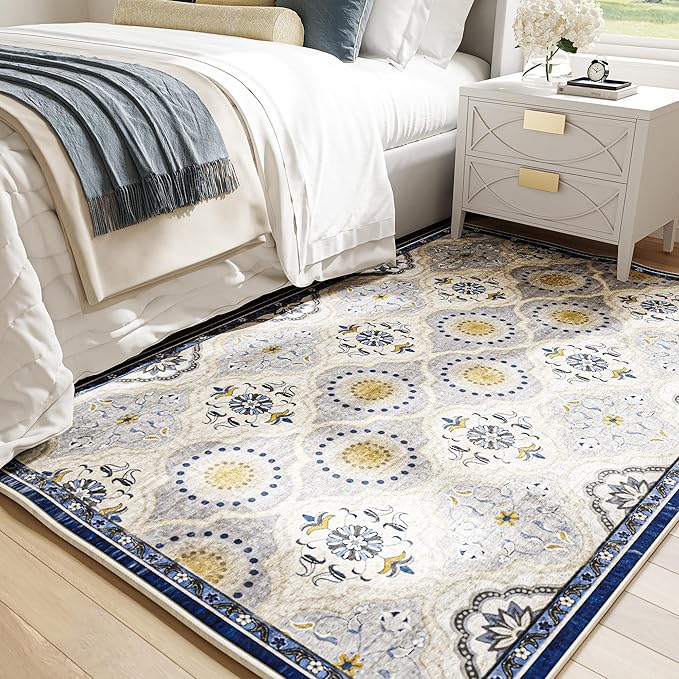 EnHomee Area Rugs 3x5, Soft Washable Rugs for Living Room Bedroom, Boho Non Slip Low Pile Stain Resistant Washable Rug Large Carpet for Dining Room,Easy to Clean Living Room Rug, Blue