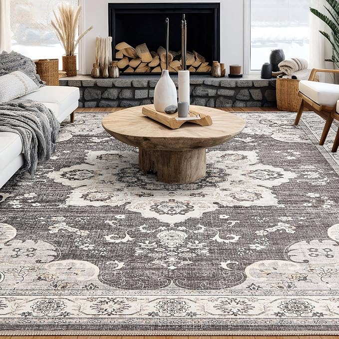 Area Rug for Living Room - 9x12 Soft Washable Oriental Vintage Floral Distressed Large Carpet - Fade Stain Resistant Non Slip Rugs for Bedroom Dining Room Nursery Dorm Office Home Decor - Brown/Grey