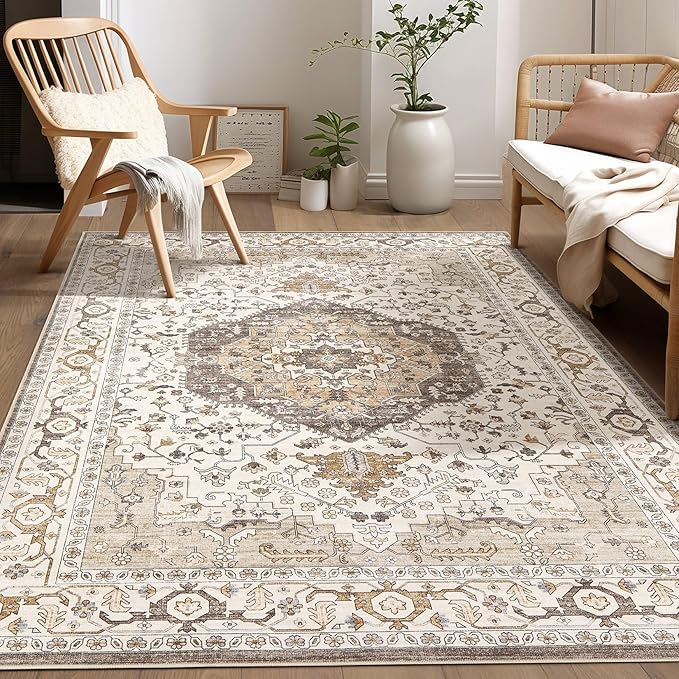 Area Rug for Living Room - 6x9 Soft Washable Oriental Vintage Floral Distressed Large Carpet - Fade Stain Resistant Non Slip Rugs for Bedroom Dining Room Nursery Dorm Office Home Decor-Camel/Beige