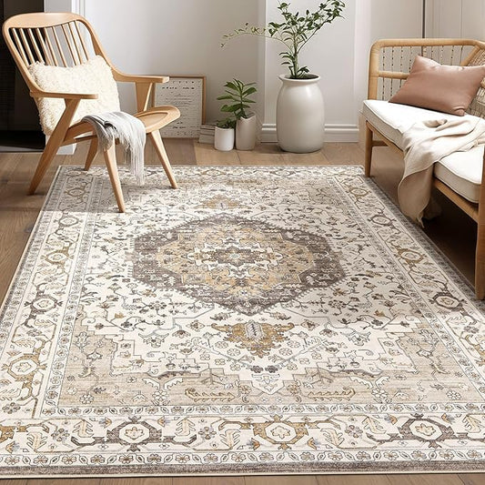 Area Rug for Living Room - 6x9 Soft Washable Oriental Vintage Floral Distressed Large Carpet - Fade Stain Resistant Non Slip Rugs for Bedroom Dining Room Nursery Dorm Office Home Decor-Camel/Beige
