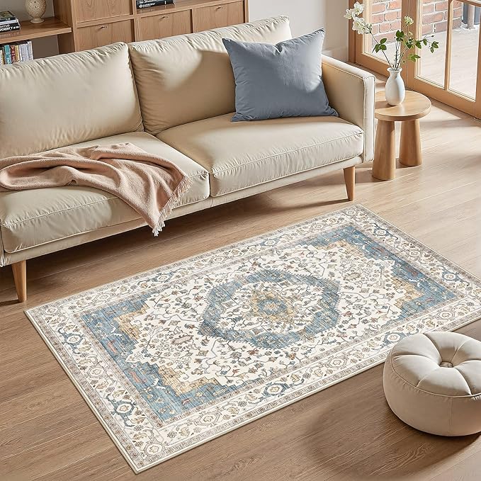 3x5 Washable Entryway Rug: Non-Slip Soft Vintage Floral Indoor Area Rug for Living Room Large Kitchen Entryway Bedroom Bedside, Door Mat Throw Carpet for Laundry Foyer Home Decor (Blue)