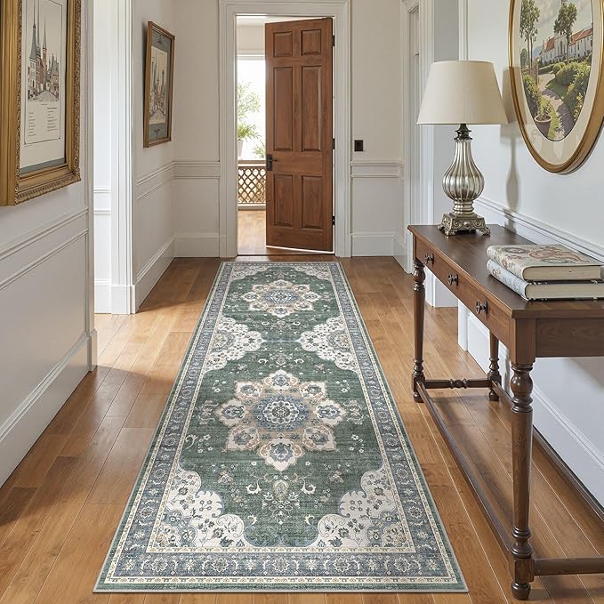 Area Rug for Entryway - 3x8 Soft Washable Oriental Vintage Floral Distressed Large Carpet - Fade Stain Resistant Non Slip Rugs for Bedroom Dining Room Nursery Dorm Office Home Decor - Green