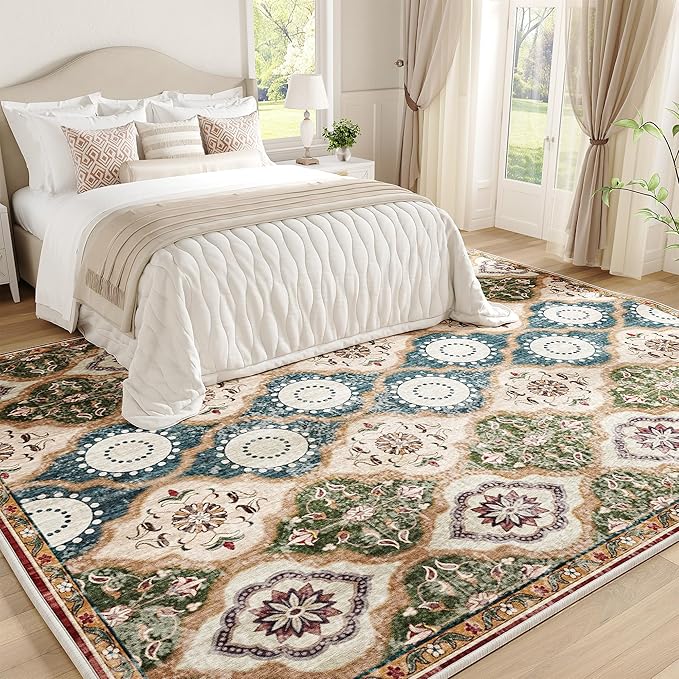 EnHomee 8x10 Area Rug, Soft Washable Rugs for Living Room Bedroom, Boho Non Slip Low Pile Stain Resistant Washable Rug Large Area Rugs for Dining Room,Easy to Clean Living Room Rug, Red & Green