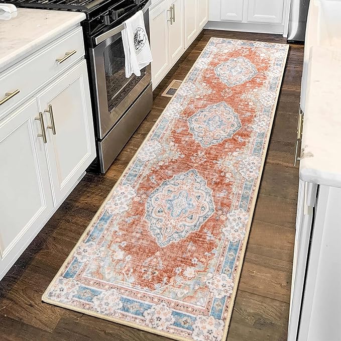 MUJOO Hallway Runner Rug 2'x8' Long Rug Runners Boho Machine Washable Non Slip Carpet for Entryway Kitchen Bathroom Bedside Retro Soft Low-Pile Blossom Orange