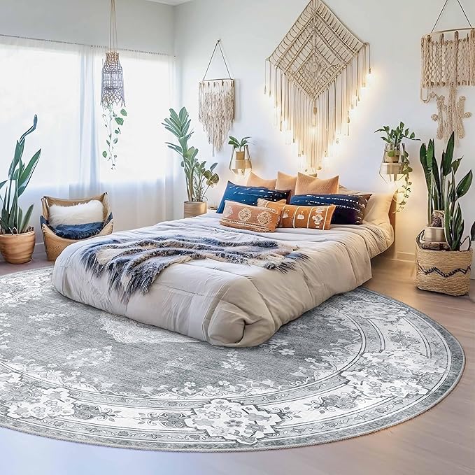 MUJOO Grey Round Rug 9ft,Large Circle Washable Area Rugs for Bedroom Living Room Bathroom,Boho Non Slip Circular Carpet,Floral