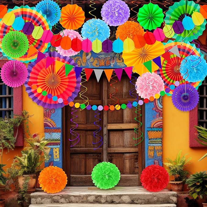35 PCS Cinco De Mayo Decorations, Fiesta Party Decorations Hispanic Heritage Month Decorations Banner Paper Fans Tissue Pompom Swirls Garland for Day of Dead Mexican Party Decor Supplies Decor