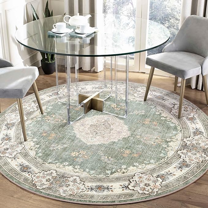 MUJOO Green Round Rug 5ft,Circle Washable Area Rugs for Bedroom Living Room Bathroom,Boho Large Non Slip Circular Carpet,Sage Floral