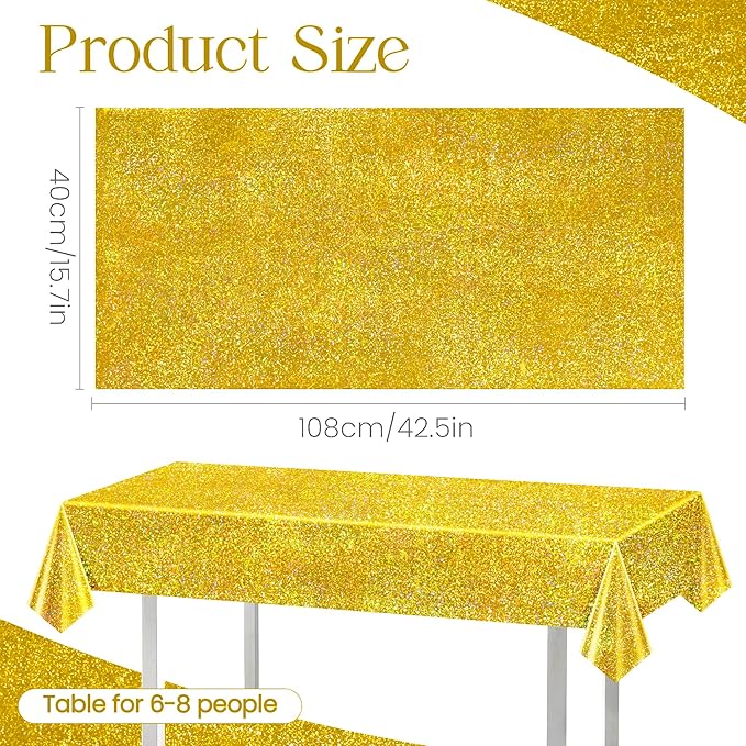 2 pcs Gold Holographic Party Tablecloths 40" x 108" Laser Shiny Table Cloths Plastic Glitter Foil Table Cover for Christmas Wedding Graduation Baby Shower 1920s Birthday Party Anniversary Supplies