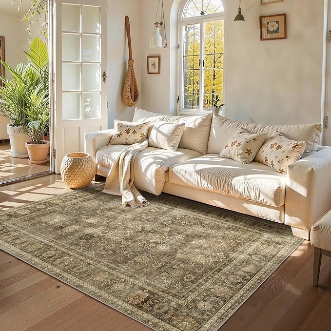 HelloTree Washable Rugs 5x7 Area Rug for Living Room, Vintage Boho Brown Rug Non Slip Carpet Retro Accent Indoor Mat Print Distressed Low Pile Throw Large Rug for Office Bedside-Brown