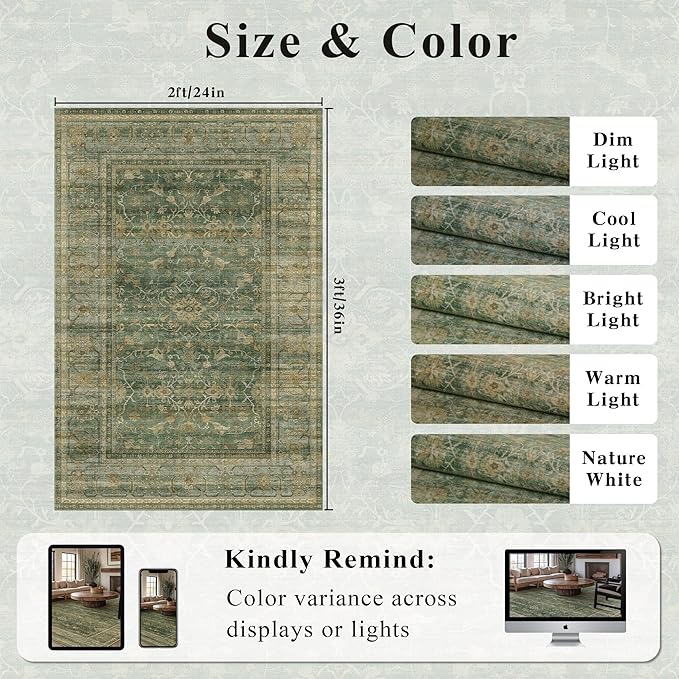 HelloTree 2x3 Entryway Rug Washable Vintage Print Door Mat Kitchen Rugs for Front Door Bedroom Living Room Entrance Small Soft Traditional Distressed Carpet Folable for Room Bedside-Green