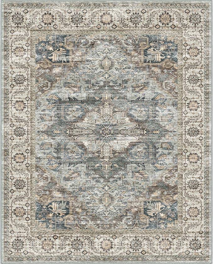 Machine Washable Rug 8x10 - Vintage Inspired Distressed Design Large Area Rugs,Soft Durable, Stain Resistant, Non-Shedding, Easy Clean Area Rugs (Olive/Taupe, 8X10)