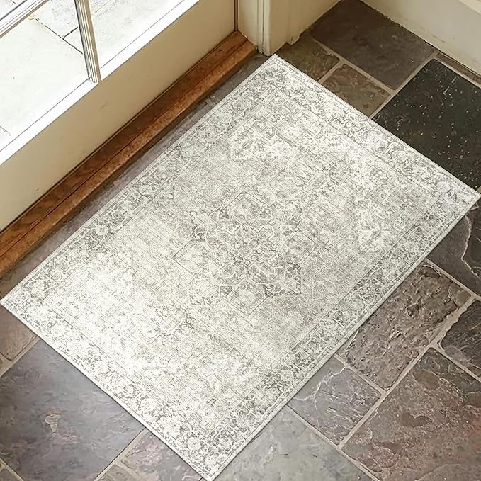 ReaLife Rugs Machine Washable Area Rug - Living Room Bedroom Bathroom Kitchen Entryway Office - Padded Crease Free Stain Resistant Premium - Boho Farmhouse Vintage- Lyle- Beige Ivory- 2'x 3'