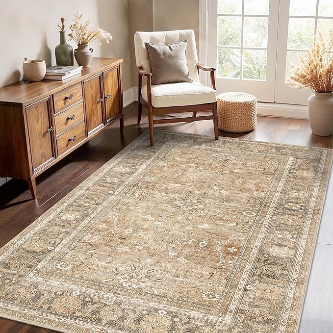 HelloTree Vintage Area Rug 4x6 Khaki Entryway Office Washable Carpet Non Slip Backing Printed Distressed Rugs for Bedroom Vintage Boho Tribal Area Rugs for Bathroom Bedroom Dining Living Room-Khaki