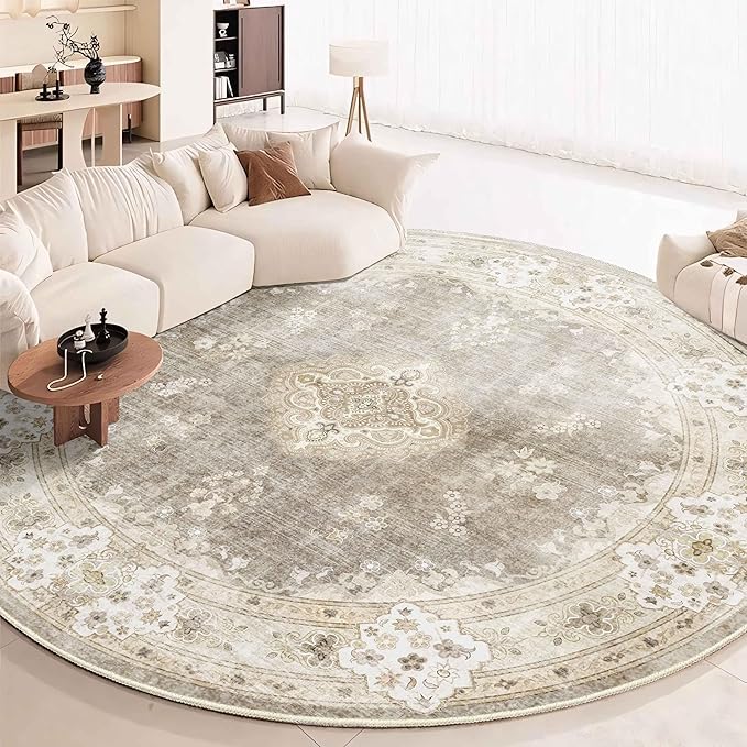 MUJOO Beige Round Rug 9ft,Large Circle Washable Area Rugs for Bedroom Living Room Bathroom,Boho Non Slip Circular Carpet,Floral