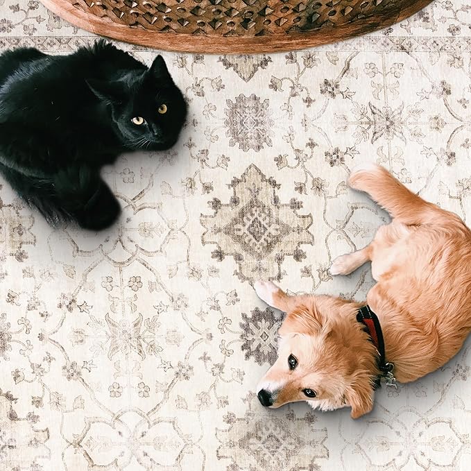 ReaLife Rugs Machine Washable Area Rug Runner - Living Room Bedroom Bathroom Kitchen Entryway Office - Padded Low Pile Stain Resistant Premium - Boho Farmhouse Vintage - BEV - Beige 3' x 5'