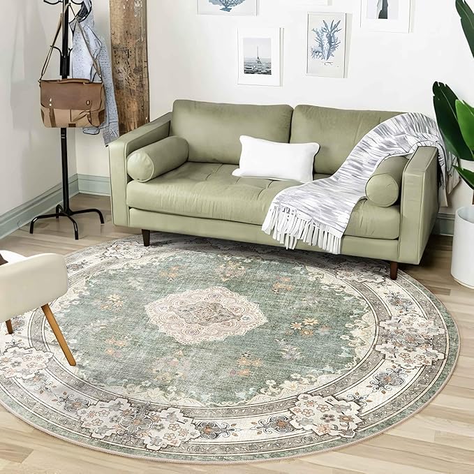 MUJOO Green Round Rug 6ft,Circle Washable Area Rugs for Bedroom Living Room Bathroom,Boho Large Non Slip Circular Carpet,Sage Floral