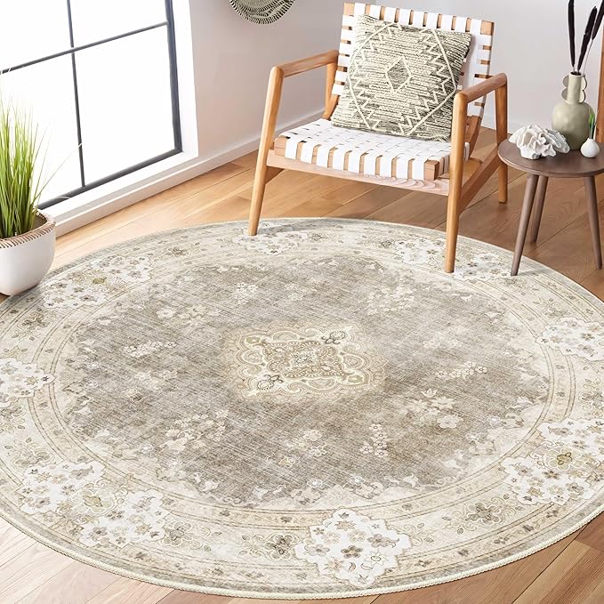 MUJOO Beige Round Rug 5ft,Circle Washable Area Rugs for Bedroom Living Room Bathroom,Boho Vintage Bohemian Distressed Farmhouse Large Non Slip Circular Carpet,Floral