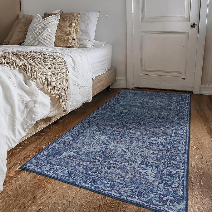 ReaLife Rugs Machine Washable Area Rug - Living Room Bedroom Bathroom Kitchen Entryway Office - Padded Low Pile Stain Resistant Premium - Boho Vintage Traditional - Lyle - Blue 5' x 7'