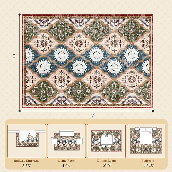 EnHomee Area Rugs 5x7, Soft Washable Rugs for Living Room Bedroom, Boho Non Slip Low Pile Stain Resistant Washable Rug Large Carpet for Dining Room,Easy to Clean Living Room Rug, Red & Green