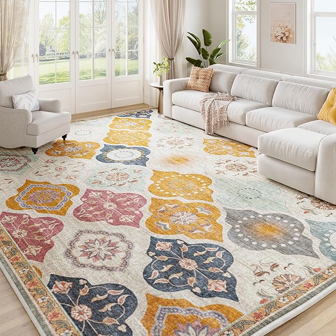 EnHomee 8x10 Area Rug, Soft Washable Rugs for Living Room Bedroom, Boho Non Slip Low Pile Stain Resistant Washable Rug Large Area Rugs for Dining Room,Easy to Clean Living Room Rug, Colorful