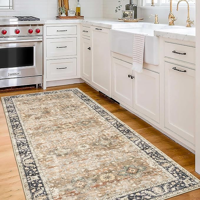 ReaLife Rugs Machine Washable Area Rug - Living Room Bedroom Bathroom Kitchen Entryway Office - Padded Low Pile Stain Resistant Premium - Boho Farmhouse Vintage - BEV - Beige Tan Brown 2'6" x 10'