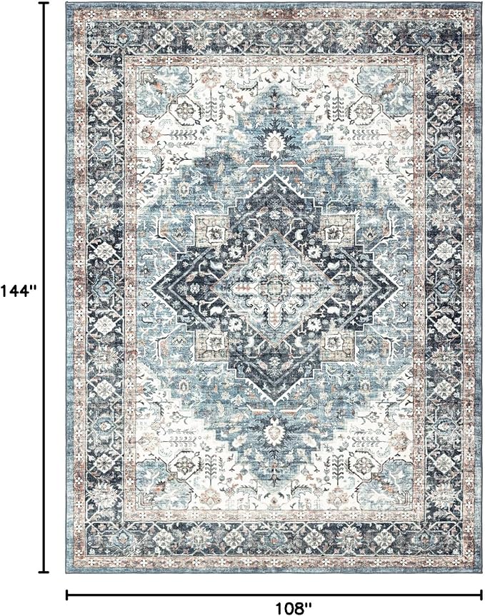 Area Rug 9×12, Large Vintage Boho Rug,Ultra-Soft Low Pile, Washable, Non Slip,Stain Resistant, Printed Carpet for Living Room Bedrooms Playroom Office Kitchen, Blue/Navy