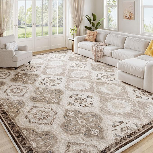 EnHomee 8x10 Area Rug, Soft Washable Rugs for Living Room Bedroom, Boho Non Slip Low Pile Stain Resistant Washable Rug Large Area Rugs for Dining Room,Easy to Clean Living Room Rug, Khaki