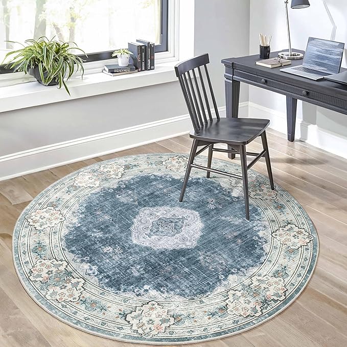 MUJOO Blue Round Rug 5ft,Circle Washable Area Rugs for Bedroom Living Room Bathroom,Boho Large Non Slip Circular Carpet,Floral