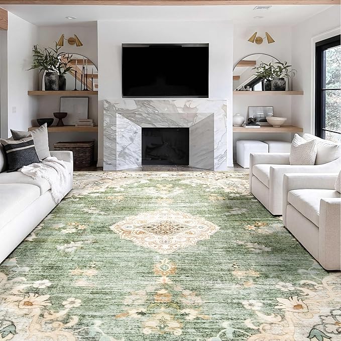 MUJOO 9’x12’ Area Rug Large Rugs for Living Room Green Rug for Bedroom Dining Room Boho Rug Washable Rug Non Slip Big Carpet Abstract Soft Low-Pile Floral Flowers