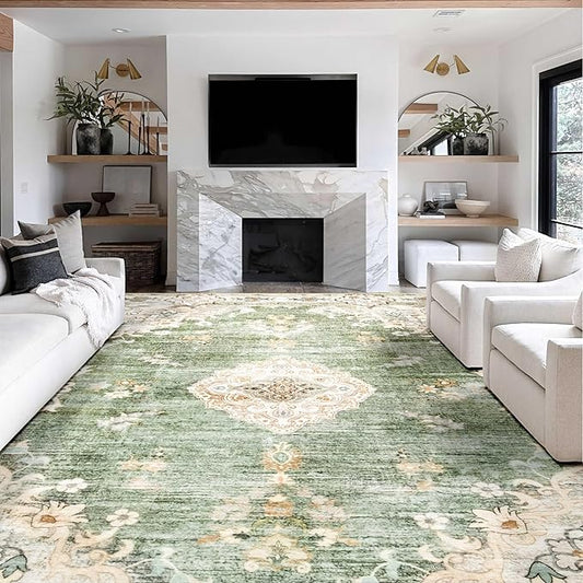 MUJOO 9’x12’ Area Rug Large Rugs for Living Room Green Rug for Bedroom Dining Room Boho Rug Washable Rug Non Slip Big Carpet Abstract Soft Low-Pile Floral Flowers