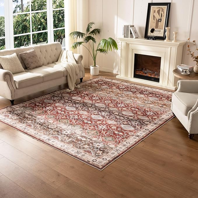 5X8 Area Rug,Washable Vintage Low Pile Rug for Living Room,Non-Slip Rug for Home Decor, Modern Indoor Carpet for Bedroom Dinning Room Office Nursery,Easy to Clean,Red