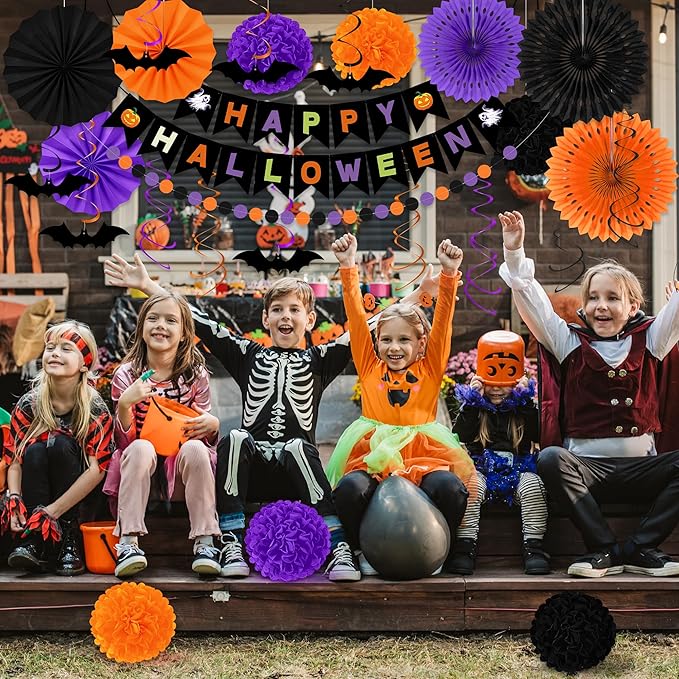 26PCS Halloween Party Decorations, Purple Black Orange Paper Fans Set, Halloween Pompom Banner Garland Fans Hanging Swirls for Trick or Treat Party Decor Accessories Indoor Outdoor Home Decorations