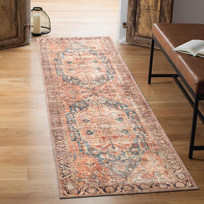 Keen Home Design 2x12 Rug - Machine Washable Runner Rug with Non-Slip Backing, Ideal for Hallway, Entryway, Kitchen, Laundry Room - Vintage, Easy Clean, Durable, Low Pile - (2'6" x 12')