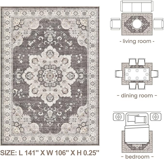 Area Rug for Living Room - 9x12 Soft Washable Oriental Vintage Floral Distressed Large Carpet - Fade Stain Resistant Non Slip Rugs for Bedroom Dining Room Nursery Dorm Office Home Decor - Brown/Grey