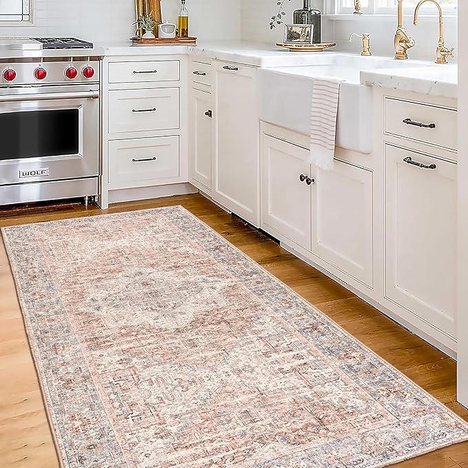 ReaLife Rugs Machine Washable Area Rug - Living Room Bedroom Bathroom Kitchen Entryway Office - Padded Low Pile Stain Resistant Premium - Boho Farmhouse Vintage - Lyle - Gray Ivory Blush 2'6" x 6'