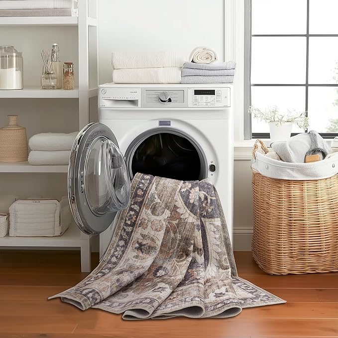 ReaLife Rugs Machine Washable Area Rug Runner - Living Room Bedroom Bathroom Kitchen Entryway Office - Padded Low Pile Stain Resistant Premium - Boho Farmhouse Vintage - Joy - Brown Beige 2'6" x 6'