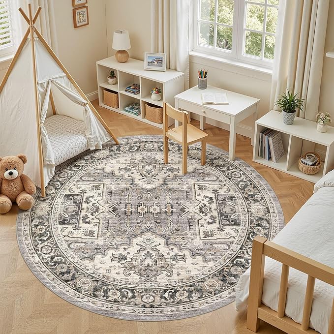 Area Rug for Living Room - 8x8 Soft Machine Washable Oriental Vintage Floral Distressed Large Indoor Floor Carpet for Bedroom Under Dining Table Home Office Decor - Brown